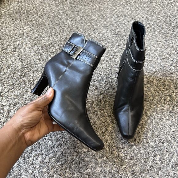 VTG Predictions Ankle Boots Pointed Toe Black Leather Heeled Buckle Zip Classic - Picture 1 of 8